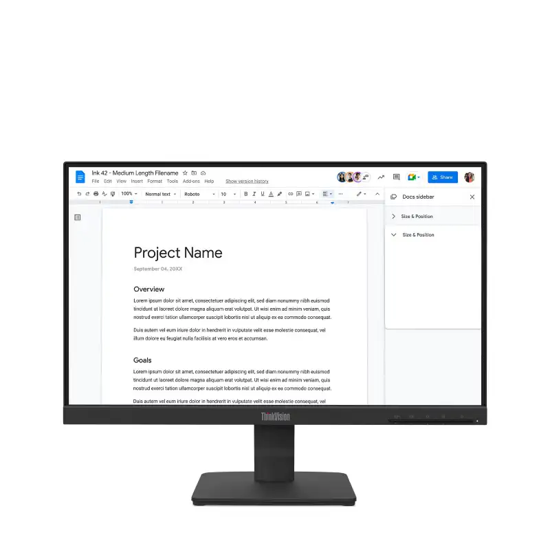Lenovo ThinkVision S22-4e 21.5-inch FHD IPS monitor displaying a project document on screen.
