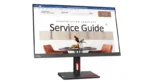 Lenovo ThinkVision S24i-30 monitor displaying a service guide presentation with a table and chairs.