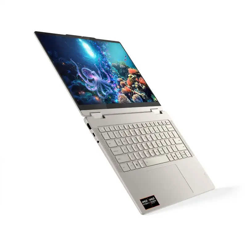 Lenovo Yoga 7 2-in-1 laptop with AMD Ryzen AI 7 350 processor, 16GB RAM, 512GB SSD, 14" OLED touchscreen, and Windows 11.
