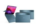 Lenovo Yoga Tab Plus Tidal Teal with keyboard and stylus, featuring a large display and dual rear cameras.