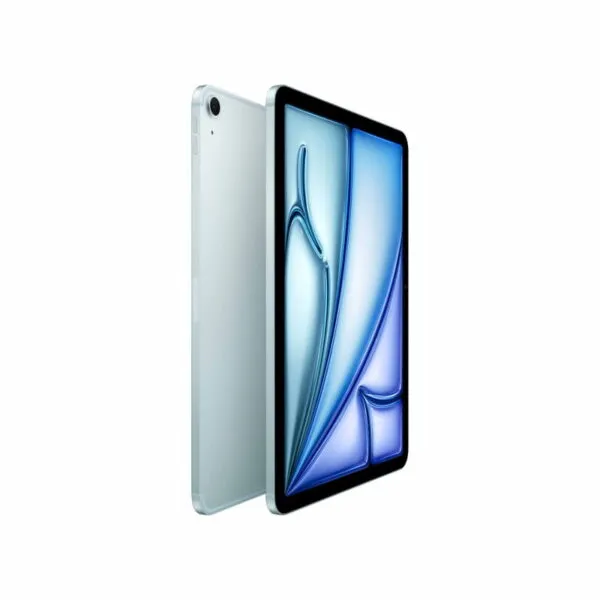 Blue Apple iPad Air 11-inch M4 tablet with 1TB storage and Wi-Fi + Cellular connectivity shown from front and side angles.