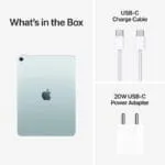 Apple iPad Air 11-inch (M4) Blue tablet, USB-C charge cable, and 20W power adapter included in the box at YourShoppy.com.