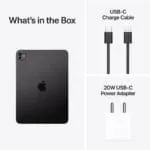 Apple iPad Pro 11-inch (M5) Wi-Fi 1TB Space Black box contents including tablet, USB-C charge cable, and 20W power adapter.