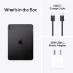 Apple iPad Pro 11-inch M5 Space Black box contents including tablet, USB-C charge cable, and 20W power adapter at YourShoppy.