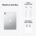 Apple iPad Pro 11-inch (M5) Wi-Fi + Cellular 512GB Silver box contents including tablet, USB-C cable, and 20W power adapter.