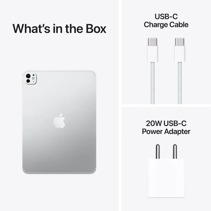 Apple iPad Pro 11-inch (M5) Wi-Fi + Cellular 512GB Silver box contents including tablet, USB-C cable, and 20W power adapter.