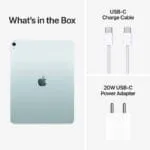 Apple iPad Air 13-inch (M4) Wi-Fi 128GB Blue box contents including the tablet, USB-C charge cable, and 20W power adapter.