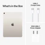 Apple iPad Air 13-inch (M4) Wi-Fi 256GB Starlight box contents including the tablet, USB-C charge cable, and 20W power adapte