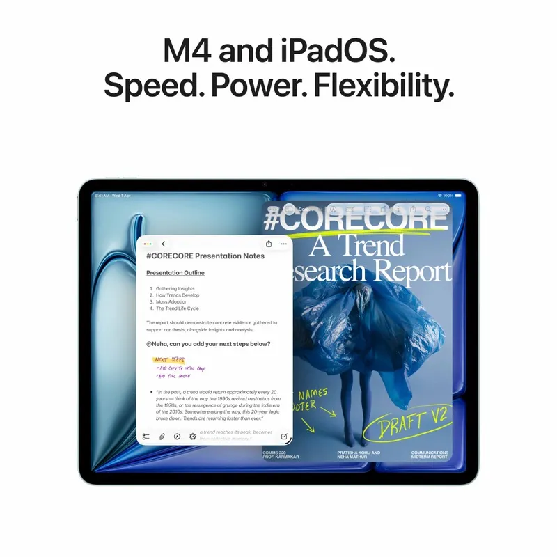Apple iPad Air 13-inch (M4) Wi-Fi 512GB Blue tablet displaying a CORECORE trend report presentation at YourShoppy.com.