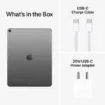 Apple iPad Air 13-inch (M4) Wi-Fi 512GB Space Grey box contents including tablet, USB-C charge cable, and 20W power adapter.
