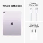Apple iPad Air 13-inch (M4) Wi-Fi + Cellular 1TB Purple box contents including tablet, USB-C cable, and 20W power adapter.