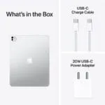 Apple iPad Pro 13-inch M5 Wi-Fi + Cellular 1TB Silver box contents including USB-C charge cable and 20W power adapter.