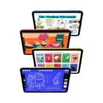 Four colorful Apple iPad tablets stacked vertically, displaying various creative and educational apps on their 11-inch screen