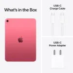 Apple iPad (A16) Wi-Fi 256GB Pink box contents including the tablet, USB-C charge cable, and power adapter at YourShoppy.com.