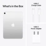 Apple iPad (A16) Wi-Fi + Cellular 128GB Silver box contents including the tablet, USB-C charge cable, and power adapter.