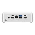 Rear view of the white Asus NUC 15 Pro Slim Core Ultra 9 285H Mini PC featuring multiple HDMI, USB, and Thunderbolt ports.