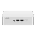 Front view of the white Asus NUC 15 Pro Slim Core Ultra 9 285H barebone mini PC featuring front USB and power ports.