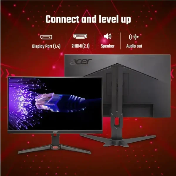 Acer Nitro XV272U F3 27-inch WQHD gaming monitor showing front and rear views with connectivity icons at YourShoppy.com.