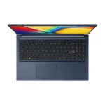Top-down view of the Quiet Blue Asus Vivobook 15 X1504MA-BQ833WS laptop with a full-size keyboard and 15.6-inch FHD display.
