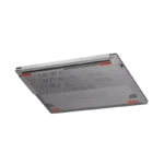 Bottom view of the Cool Silver Asus Vivobook Go 15 E1504FA-IN2816WS laptop featuring cooling vents and red rubber feet.