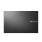 Top view of the black Asus Vivobook Go 15 E1504FA-IN2817WS laptop lid featuring the metallic ASUS Vivobook branding plate.