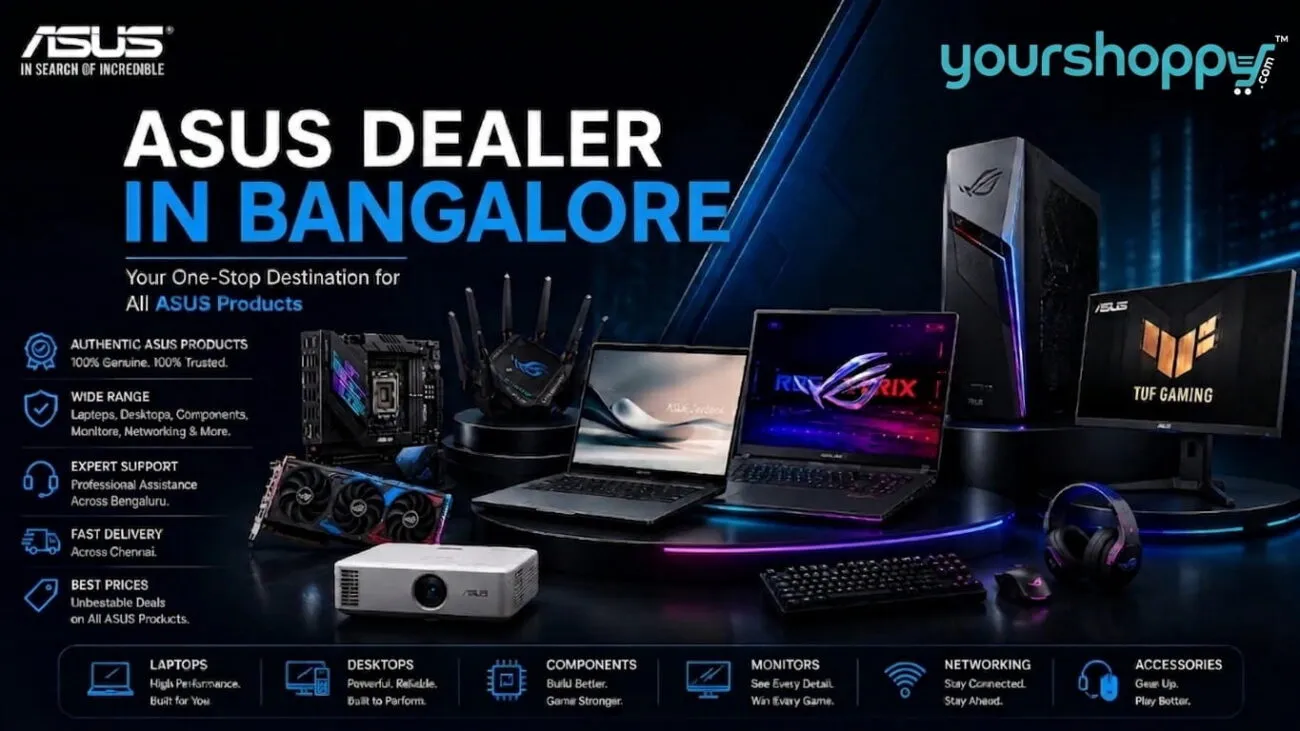 ASUS dealer in Bangalore showcasing laptops, desktops, components, and monitors available at YourShoppy.com in Koramangala.