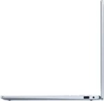 Side profile of the Ice Blue Dell 14 Plus laptop showing its slim design and port placement at YourShoppy.com in Bangalore.