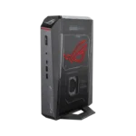 Asus ROG NUC 2025 RNUC15JNK9X28AA0 Mini PC featuring a sleek black vertical chassis with an illuminated red ROG logo.