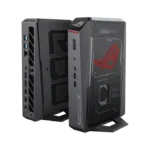 Asus ROG NUC 2025 RNUC15JNK9X28AA0 Mini PC with Intel Core Ultra 9 and RTX 5080 graphics shown from front and side angles.