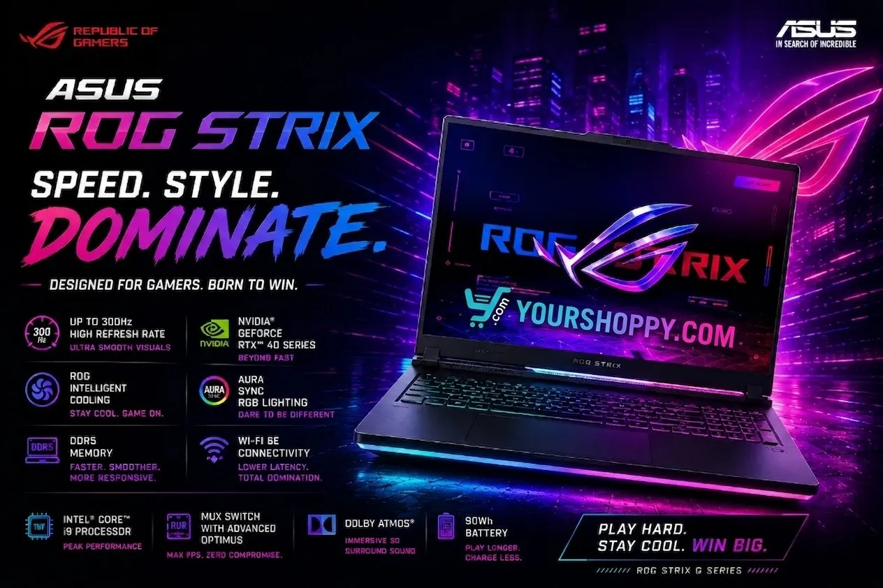 ASUS ROG Strix gaming laptop — up to 300Hz, NVIDIA RTX graphics, ROG Intelligent Cooling, MUX Switch and Dolby Atmos — at YourShoppy.com Bangalore