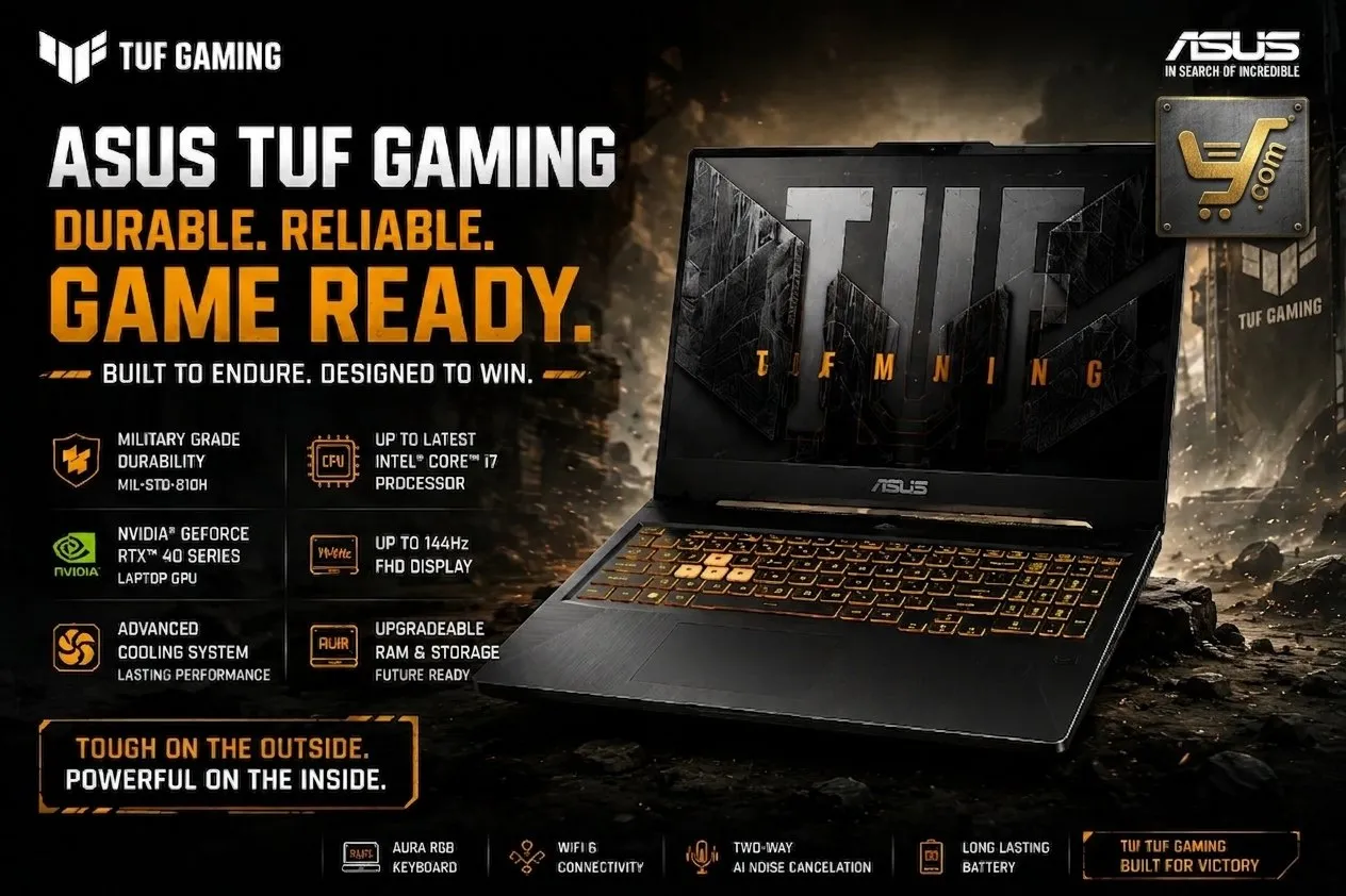 ASUS TUF Gaming laptop — military-grade MIL-STD-810H durability, RTX graphics, up to 144Hz display, upgradeable RAM and storage — at YourShoppy.com Bangalore