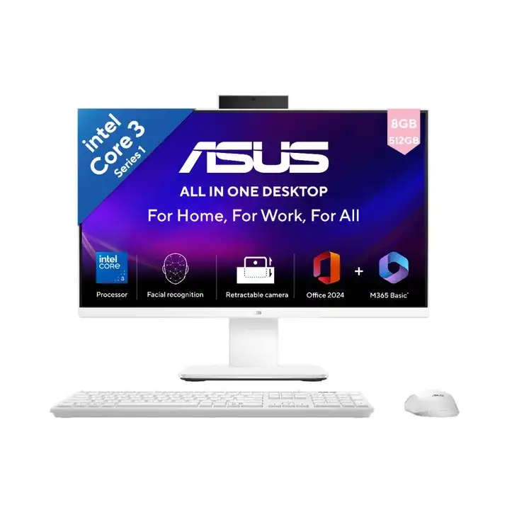 Asus V400 AiO V470VAB-KWC3003WS 27-inch desktop with Intel Core 3 processor, 8GB RAM, 512GB SSD, and white keyboard and mouse