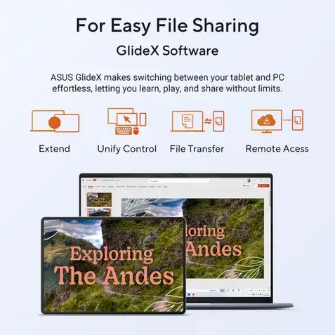 Asus Pad T3201 T3201M5A-TL004DW tablet and laptop displaying GlideX software features for file sharing at YourShoppy.com.