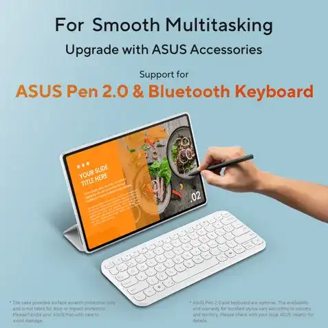 Asus Pad T3201 T3201M5A-TL005DW tablet with stylus and Bluetooth keyboard on a light blue background at YourShoppy.com.