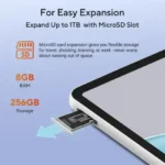 Asus Pad T3201 T3201M5A-TL005DW tablet showing the microSD card slot for 1TB expansion, 8GB RAM, and 256GB storage capacity.