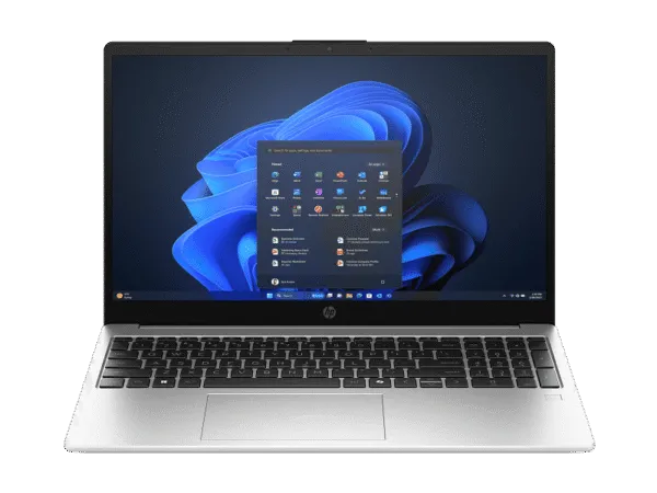 HP 250 G10 15.6-inch laptop with Windows 11 interface, silver chassis, and integrated numeric keypad from YourShoppy.com.