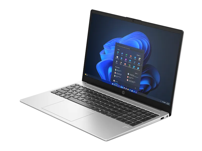 HP 250 G10 15.6-inch laptop in silver with a full-size keyboard and Windows 11 interface, available at YourShoppy.com.