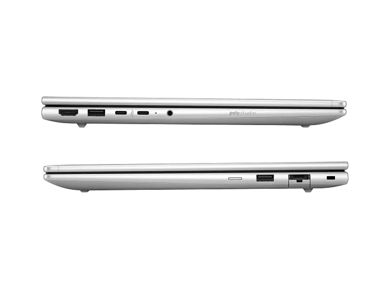 Side profiles of the silver HP ProBook 4 G1i 14-inch touchscreen laptop showing ports and Poly Studio branding at YourShoppy.