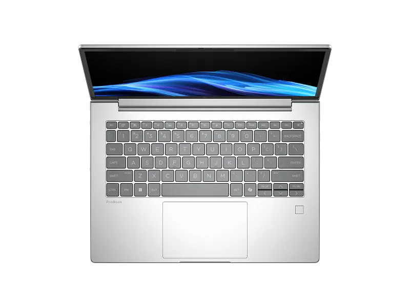 Top-down view of the silver HP ProBook 4 G1i 14-inch touchscreen laptop with a backlit keyboard available at YourShoppy.com.