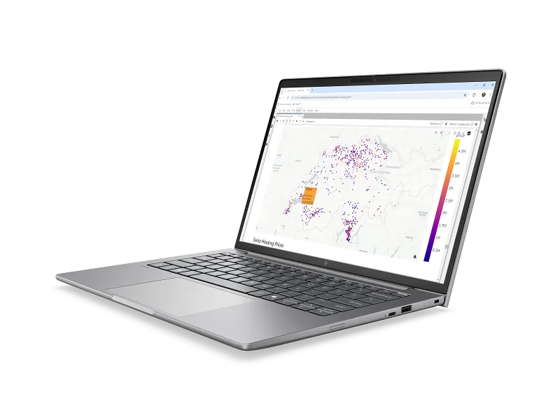 HP ZBook 8 G2i 14 Data Science Mobile Workstation PC (DS0L0PA) displaying a data visualization map on its 14-inch screen.