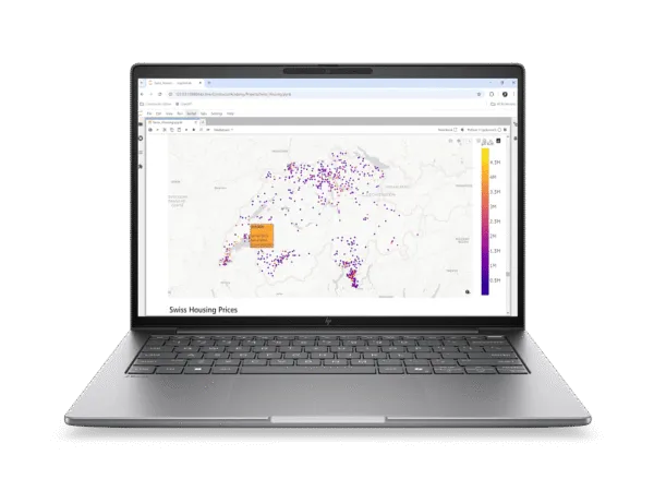 HP ZBook 8 G2i 14 Data Science Mobile Workstation PC DS0L2PA displaying a data visualization map on its 14-inch screen.
