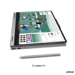 Lenovo IdeaPad 5 2-in-1 14AGP11 83UH000HIN Luna Grey laptop with touch screen, stylus pen, and Copilot+PC branding.