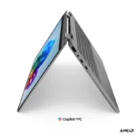 Lenovo IdeaPad 5 2-in-1 14AGP11 83UH000HIN Luna Grey laptop in tent mode with AMD Ryzen AI processor at YourShoppy.com.