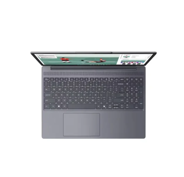 Top-down view of the Luna Grey Lenovo IdeaPad Slim 3 15IWC11 laptop featuring a 15.6-inch display and backlit keyboard.