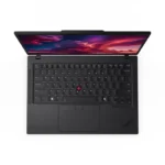 Top-down view of the black Lenovo ThinkPad P14s Gen 6 laptop featuring a backlit keyboard, red TrackPoint, and 14-inch displa
