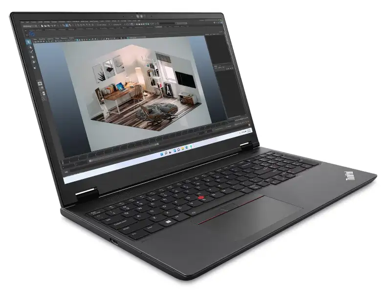 Lenovo ThinkPad P16v Gen 2 laptop in black displaying 3D design software on its 16-inch screen at YourShoppy.com.