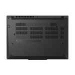 Bottom view of the black Lenovo ThinkPad T14 Gen 5 laptop showing the ventilation grilles and chassis design.