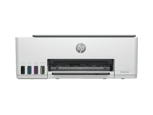 Front view of the HP Smart Tank 520 All-in-One color inkjet printer with visible ink tanks at YourShoppy.com.