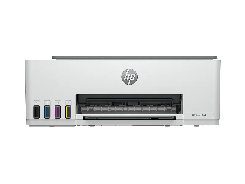 Front view of the HP Smart Tank 520 All-in-One color inkjet printer with visible ink tanks at YourShoppy.com.