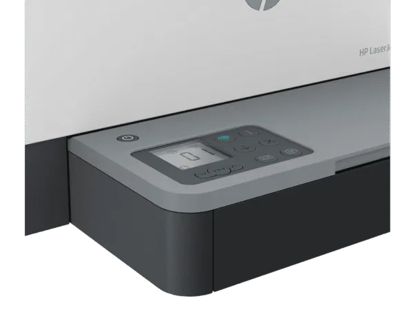 Close-up of the control panel and LED display on the HP LaserJet Tank MFP 2606sdw wireless monochrome laser printer.